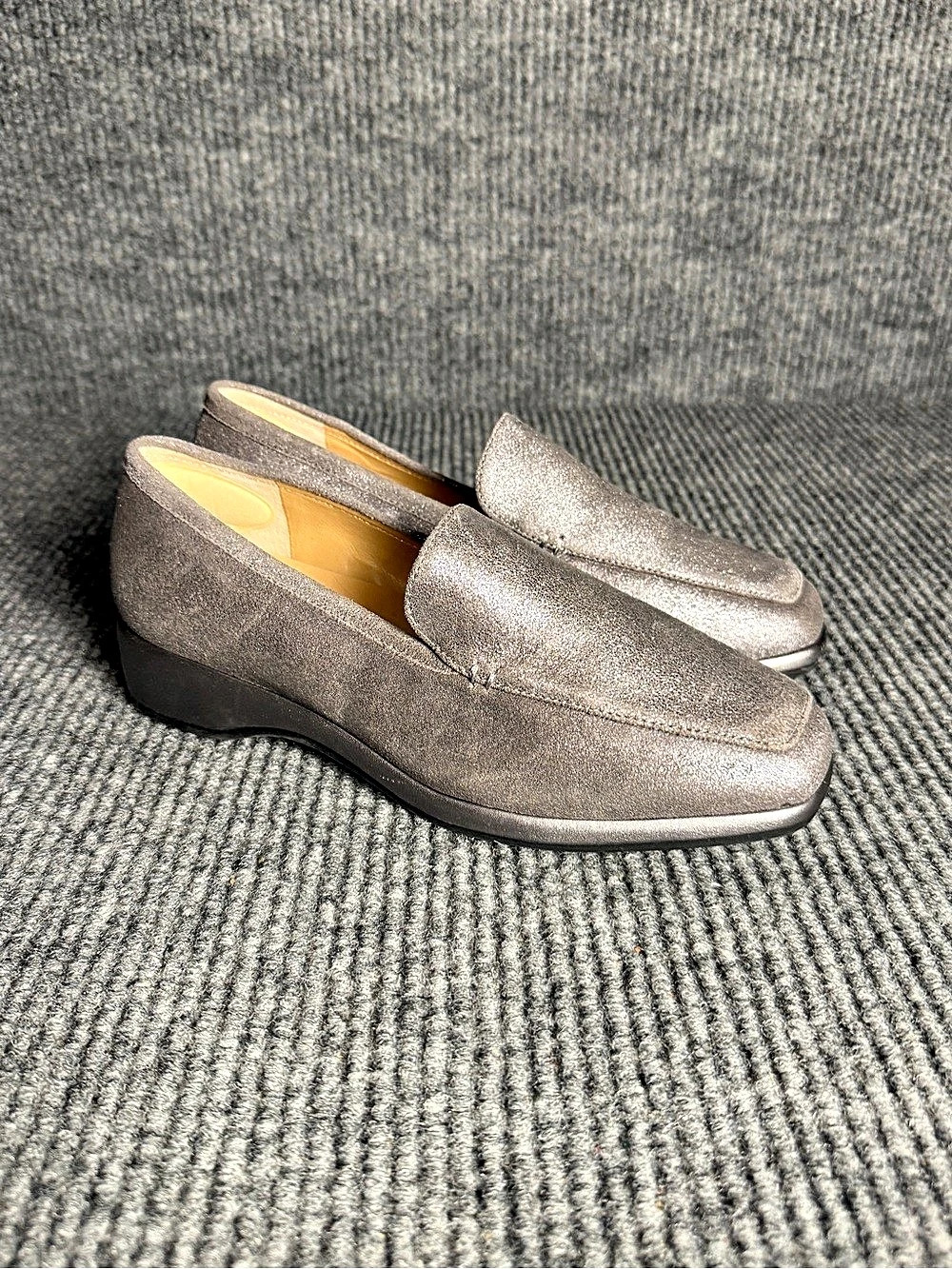 Alex Marie Lynore Pewter Metallic Leather Comfort Wedge Loafers Size 7.5W EUC